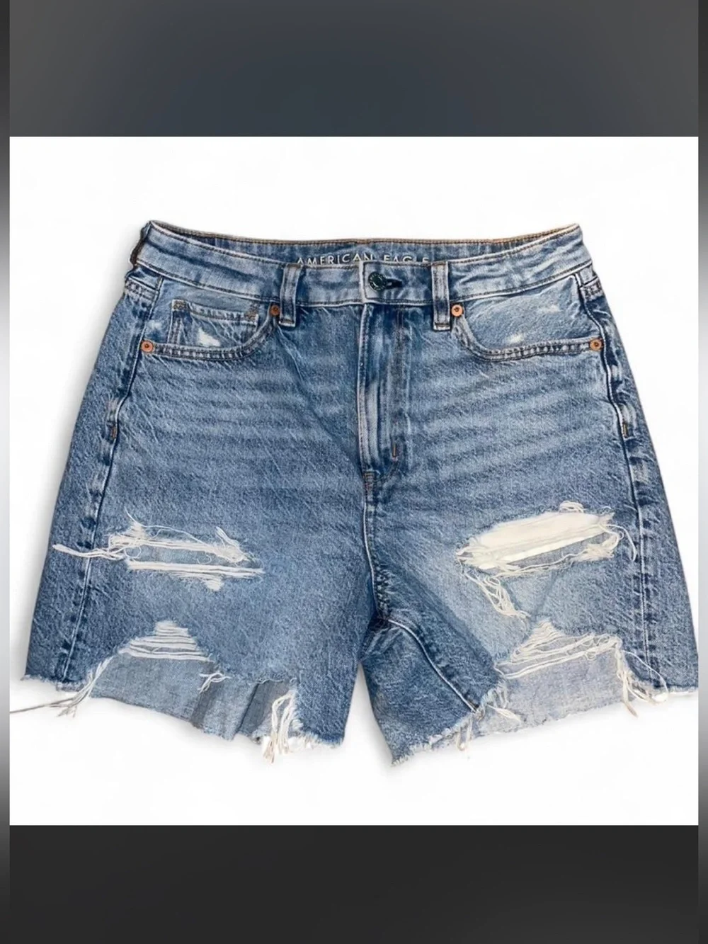 American Eagle Outfitters Distressed High-Rise Baggy Mom Shorts Denim - Blue